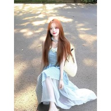 批发法式度假格子套<b class='q'>装</b>女夏季2025新款立体花朵吊带不规则半身裙两件套