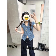 批发设计感蓝色格子短袖衬衫女夏季复古褶皱收腰修身衬衣小众掐腰上衣