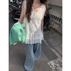 批发法式白色蕾丝无袖背心衬衫<b class='q'>连衣裙</b>子女夏季2026新款小个子气质短裙