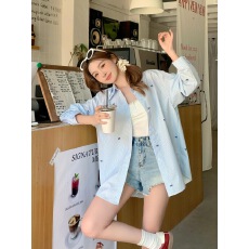 批发蓝白条纹蝴蝶结印花衬衫女春秋夏季韩版宽松慵懒休闲长袖衬衣