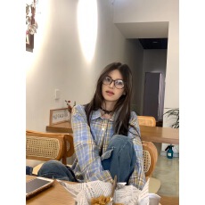 批发美式复古黄蓝色格子长袖衬衫女春秋夏季宽松休闲中性bm衬衣<b class='q'>外套</b>