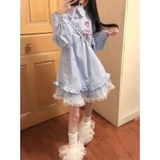 批发蓝色条纹衬衫<b class='q'>连衣裙</b>子女初夏2025年新款小个子花边娃娃领短裙夏季