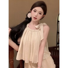 批发纯色系带蝴蝶结宽松褶皱上衣慵懒海边度假风气质显瘦<b class='q'>裙裤</b>套装<b class='q'>女</b>夏