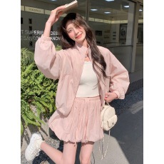 批发粉色短款上衣花苞裙套装女<b class='q'>夏</b>季甜美穿搭一整套防晒衣半身裙两件套
