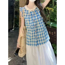 韩系甜美碎花蕾丝拼接短袖背心衬衫女夏季法式小飞袖格子坎肩上衣