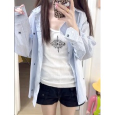 批发蓝白条纹蝴蝶结印花<b class='q'>衬衫</b>女春秋夏季<b class='q'>韩版</b>宽松慵懒休闲长袖<b class='q'>衬衣</b>