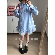 批发蓝色<b class='q'>条纹</b>衬衫连衣裙子女初夏2025年新款小个子花边娃娃领<b class='q'>短裙</b>夏季