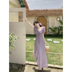 批发夏季温柔荷叶边V领<b class='q'>泡泡袖</b><b class='q'>连衣裙</b>大码胖mm气质系带收腰肌理感长裙