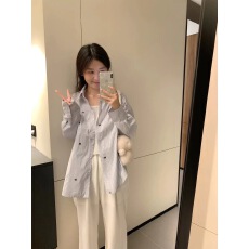 批发蓝白条纹蝴蝶结印花<b class='q'>衬衫</b>女春秋夏季韩版宽松慵懒休闲<b class='q'>长袖</b><b class='q'>衬衣</b>