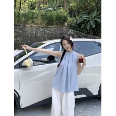 批发法式甜美背心女装夏季外穿小众蓝色衬衫气质挂脖吊带<b class='q'>宽松</b>无袖上衣