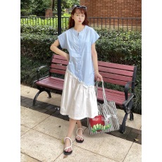 批发设计感撞色拼接衬衫<b class='q'>连衣裙</b>女夏季新款韩版宽松显瘦不规则拼接长裙