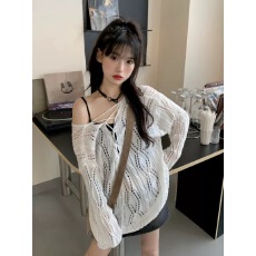批发白色镂空抽绳绑带v领防晒<b class='q'>针织</b>衫女夏季早秋冰丝薄款空调罩衫上衣