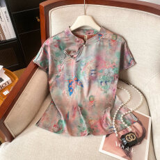 批发夏季新款新中式<b class='q'>真丝</b>香云纱国风上衣女短袖小衫改良<b class='q'>旗袍</b>桑蚕丝衬衫