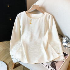 批发新款国风真丝刺绣上衣女装桑蚕丝小衫打底春秋新款中式提花衬衫女