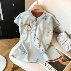 批发国风桑蚕丝上衣女装春秋复古改良小衫<b class='q'>真丝</b>缎面提花新中式短袖<b class='q'>衬衫</b>