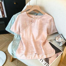 批发新中式真丝提花上衣女装短袖春秋新款国风桑蚕丝衬衫白色打底衬衣