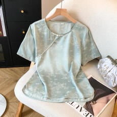 批发国风新中式<b class='q'>真丝</b>正肩短袖<b class='q'>衬衫</b>女桑蚕丝2026新款大码胖醋酸缎面上衣