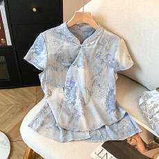 批发夏季醋酸新中式上衣女装短袖新款气质打底小衫国风<b class='q'>真丝</b>提花<b class='q'>衬衫</b>
