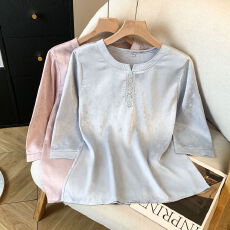 批发新中式<b class='q'>真丝</b><b class='q'>衬衫</b>女夏季短袖高端醋酸缎面刺绣上衣2026新款国风小衫