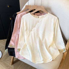 批发夏季新款新中式国风<b class='q'>真丝</b>五分袖女圆领短袖T恤宽松半袖提花打底衫