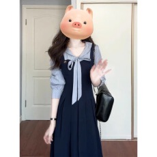 批发法式<b class='q'>可爱</b>假两件早秋季2025新款蓝色长袖<b class='q'>连衣裙</b>子女小众学院风长裙