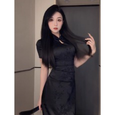 批发新中式改良旗袍裙女中国风<b class='q'>夏季</b>日常订婚大码小个子黑白中式连衣裙