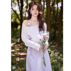 批发孕妇<b class='q'>连衣裙</b>套装夏季2025新款韩版显瘦紫色温柔风吊带裙上衣两件套