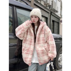 批发粉色小香风羊羔毛连帽棉服外套女秋冬季韩系超好看加厚格子棒球服