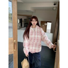 批发秋冬<b class='q'>新款</b>美式复古撞色连帽羊羔毛外套女冬季<b class='q'>情侣</b><b class='q'>宽松</b>上衣毛呢外套