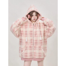批发美式宽松中长款百搭格子粉色棉服女冬季新款2025连帽棉衣毛呢外套