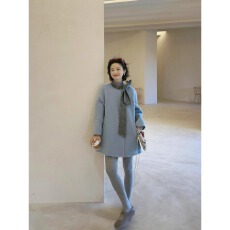 批发2025秋冬新款蓝色圆领蝴蝶结宽松小众甜美<b class='q'>大</b>衣<b class='q'>外套</b><b class='q'>女</b>富家千金<b class='q'>外套</b>