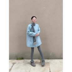 批发秋冬季新款蓝色圆领蝴蝶结宽松法式浪漫撞色蝴蝶结A字版毛呢<b class='q'>外套</b>