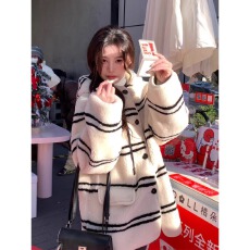 批发2025冬季新款慵懒风连帽条纹中长款宽松厚外套大衣女日常<b class='q'>通勤</b>外套