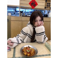 批发冬季新款慵懒风连帽条纹中长款宽松厚外套大衣女日常<b class='q'>通勤</b>毛呢外套