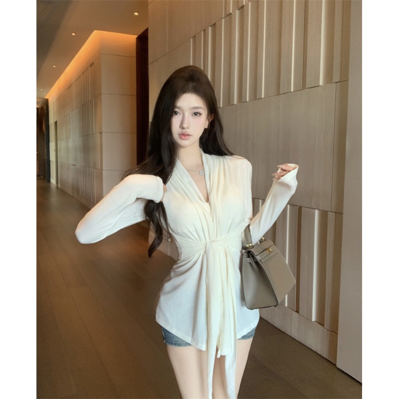 FA36934# 莫代尔人棉绑带v领长袖修身显瘦气质百搭开衫上衣 服裝批發女裝批發服飾貨源