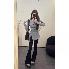 批发已出货 莫代尔人棉 <b class='q'>不规则</b>开叉收腰绑带长袖t恤女上衣独特打底衫
