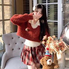 批发已出货 秋季新款叠穿森系翻领毛衣内搭针织衫真两件+格纹半裙套装