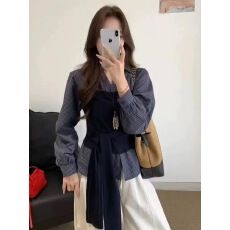 批发已出货 新款韩版<b class='q'>时尚</b>百搭休闲显瘦假两件拼接系带格子<b class='q'>衬衫</b>