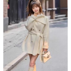 批发已出货 新款韩版千金风围脖领呢子大衣女加厚系带浴袍毛呢外套