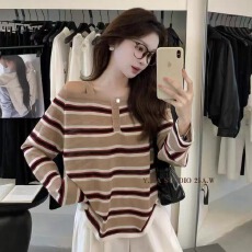 批发已出货 韩系复古<b class='q'>宽松</b>一字肩条纹吊带长袖针织衫女早秋撞色上衣