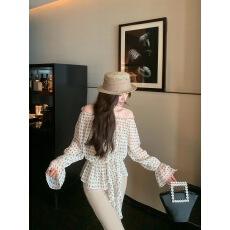 批发已出货 温柔复古金丝<b class='q'>波点</b>一字肩<b class='q'>衬衫</b>女抽褶系带长袖雪纺衫上衣