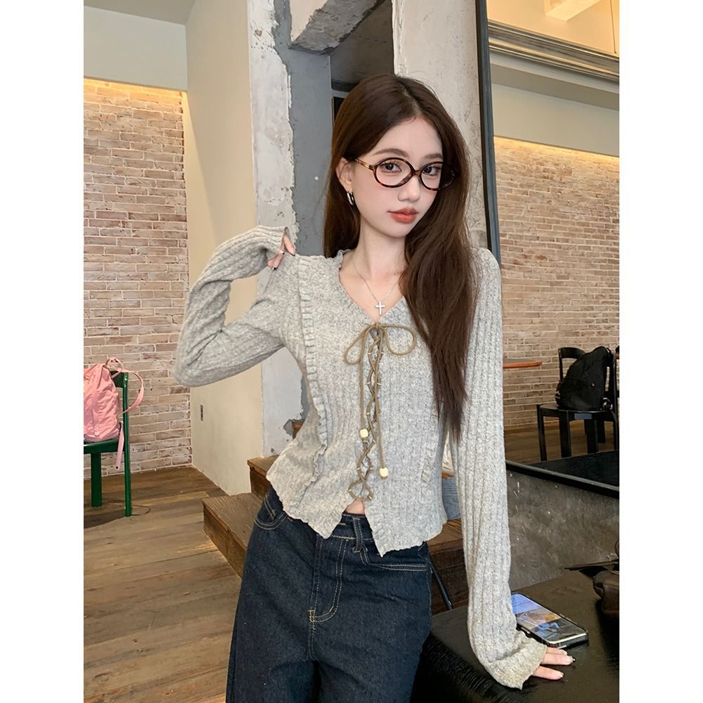 MY14239# 原版面料羊绒坑条甜辣修身长袖早秋绑带短款V领长袖上衣女女...
