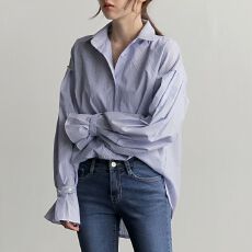 批发已出货 <b class='q'>韩版</b>百搭条纹灯笼袖<b class='q'>衬衫女</b>衬衣