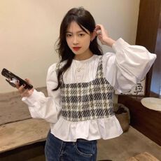 批发已出货 春秋季淑女衬衫设计感<b class='q'>格子</b>拼接女装假两件气质长袖上衣