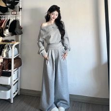 批发已出货 韩系穿搭一整套2025早春季<b class='q'>女</b>斜肩卫衣运动阔腿裤<b class='q'>两件套装</b>