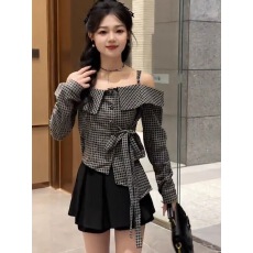 批发已出货 一字领格子衬衫女2025春季新款修身不规则蝴蝶结吊带上衣