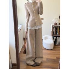 批发已出货 复古休闲外套<b class='q'>蕾丝</b>立领打底上衣高腰宽松阔腿弯刀裤套装