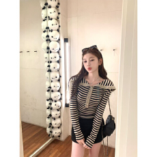 批发已出货 香肩美学欲辣韩女限定 <b class='q'>翻领</b>一字肩条纹上衣