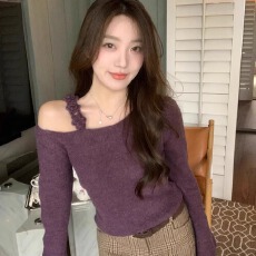批发已出货 秋季chic设计感露肩针织上衣女打底衫秋季新款<b class='q'>不规则</b>短款