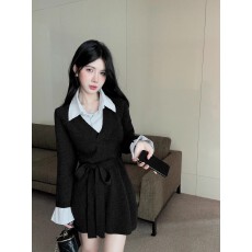 批发已出货 撞色假两件针织衬衫领拼接裙子<b class='q'>秋冬</b>法式收腰气质<b class='q'>连衣裙</b>